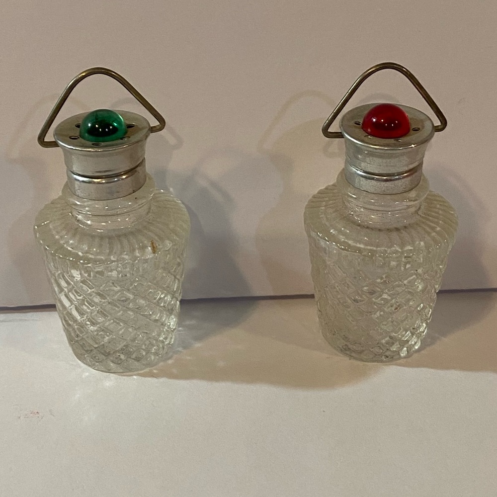 Vintage Pressed Glass Salt & Pepper Shakers Metal Handle Red Green Color Tops